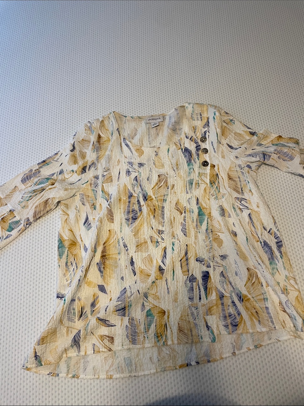 Peck & Peck Cream Tunic with Yellow, Blue & Teal Leaf Pattern